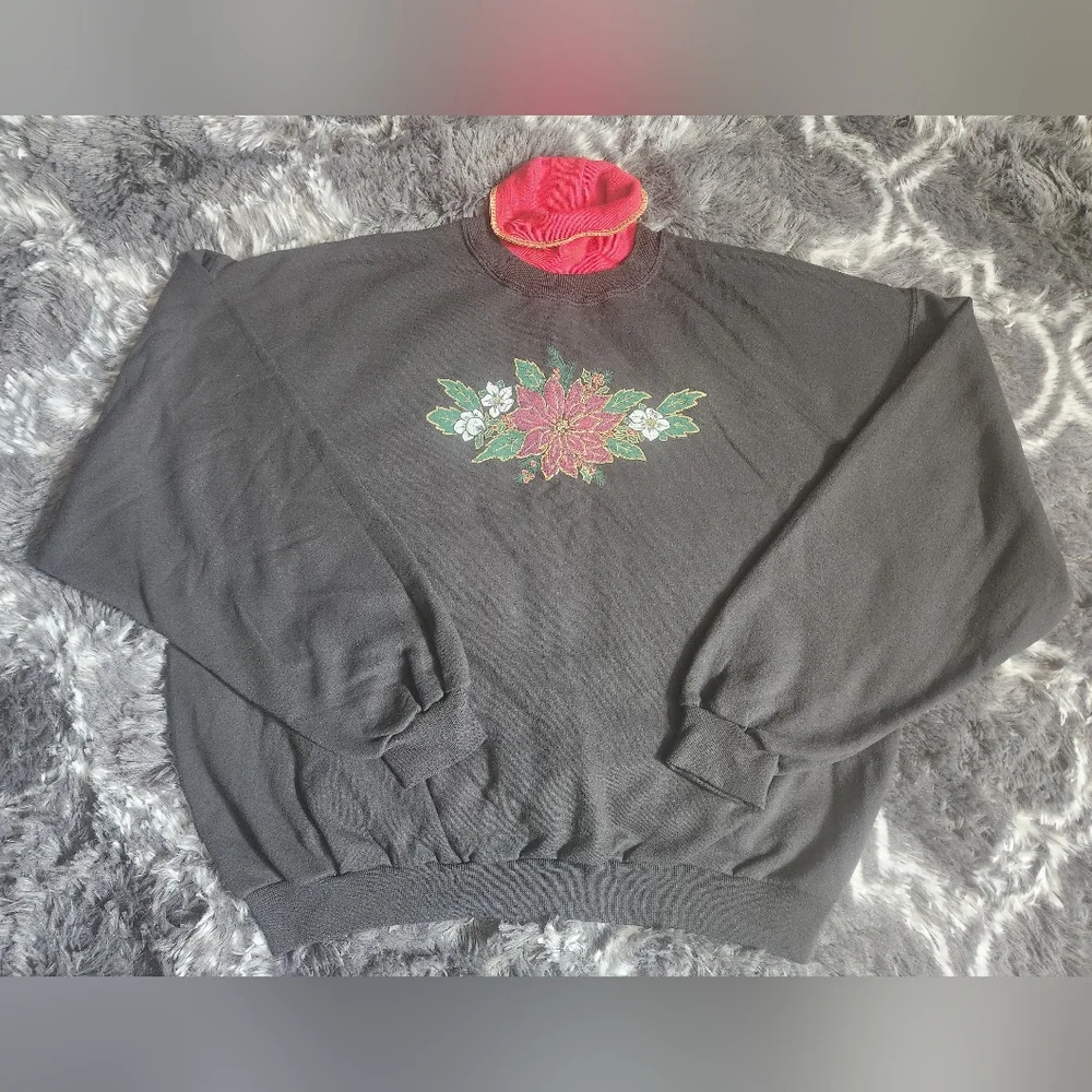 Jerzees Black Sweater‎ with Poinsetta Design and Cowl Neck XL